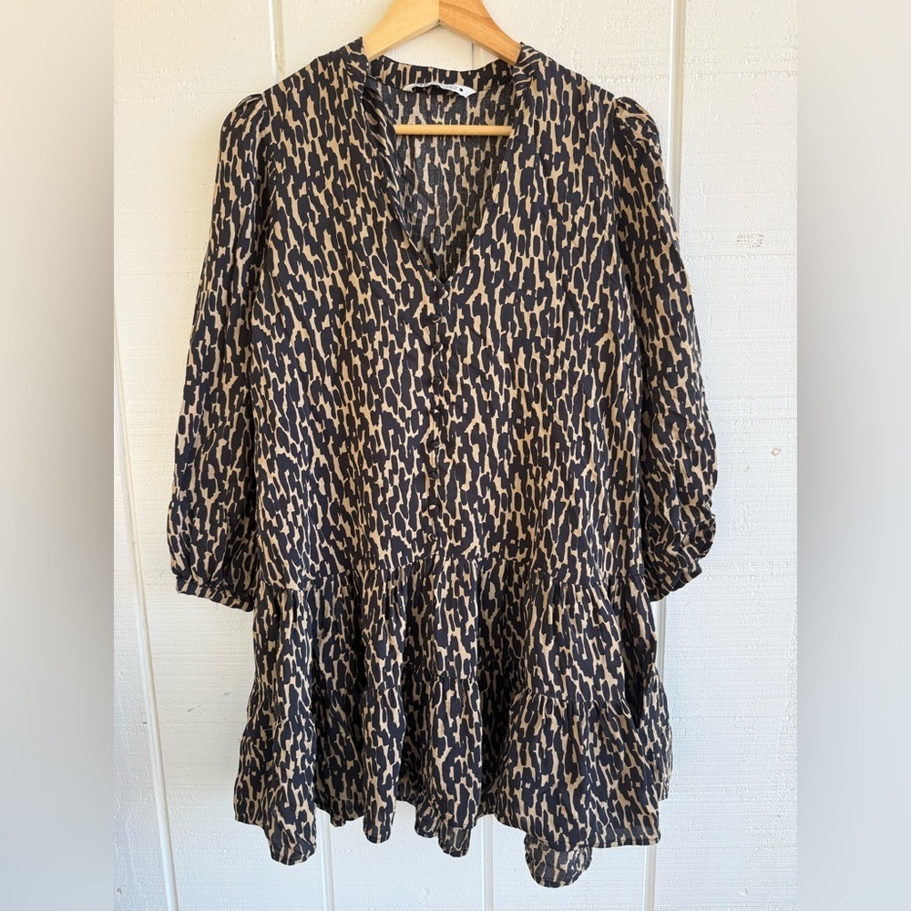Zara The Claris Leopard Print Button Front Ruffle Tiered Dress Size XS